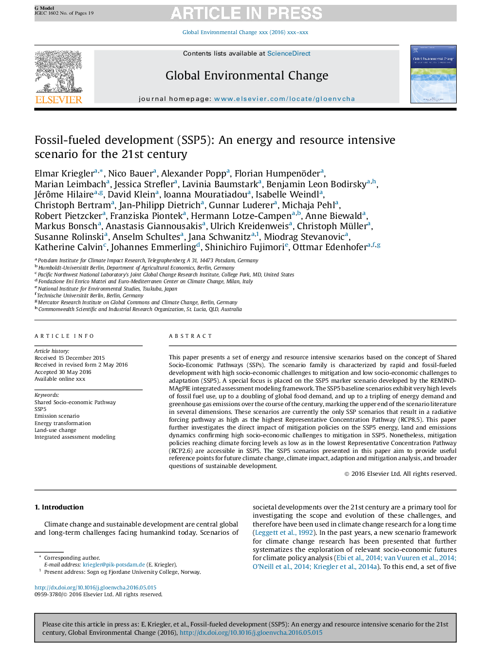 Fossil-fueled development (SSP5): An energy and resource intensive scenario for the 21st century