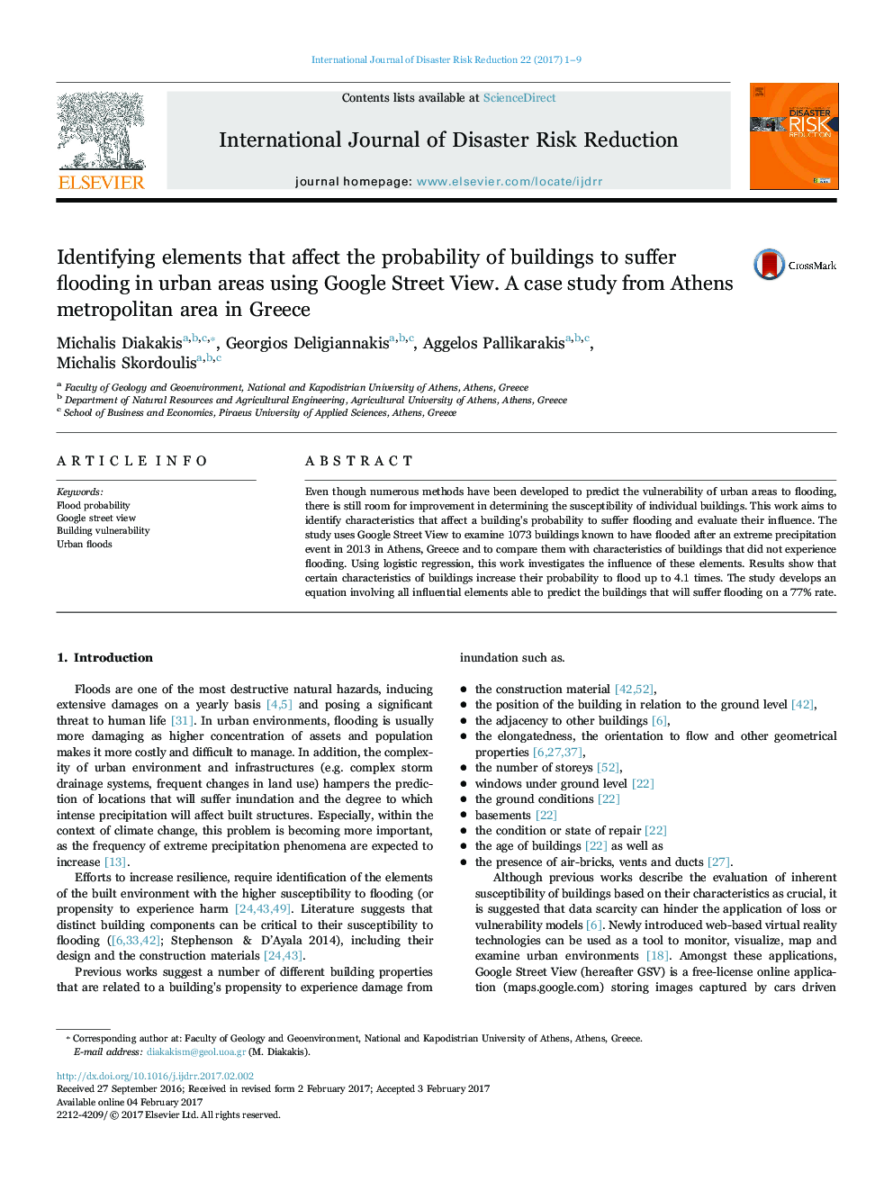 Identifying elements that affect the probability of buildings to suffer flooding in urban areas using Google Street View. A case study from Athens metropolitan area in Greece