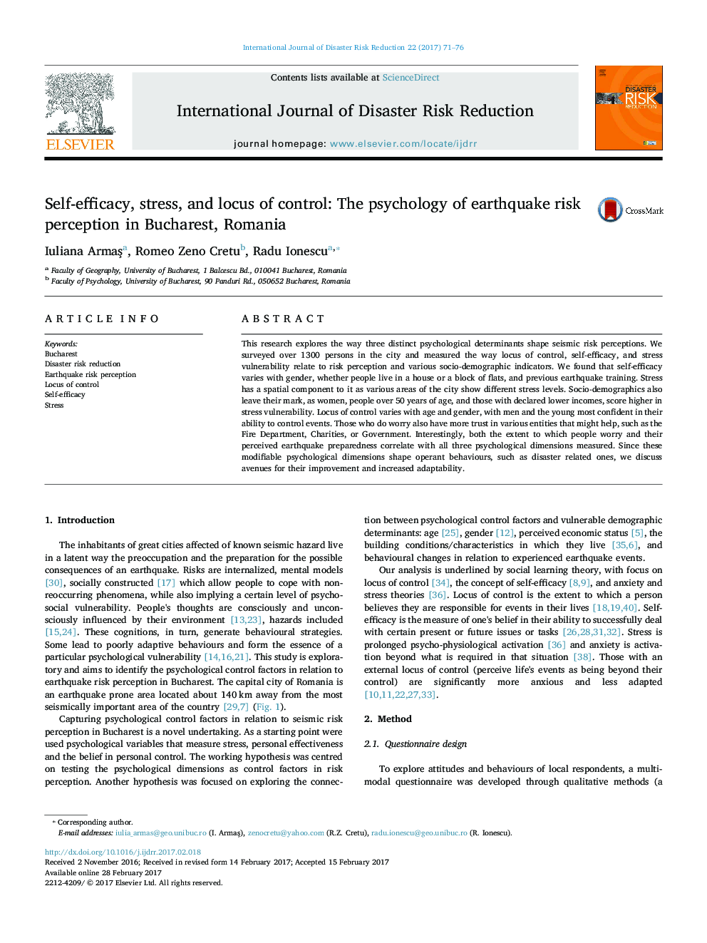 Self-efficacy, stress, and locus of control: The psychology of earthquake risk perception in Bucharest, Romania