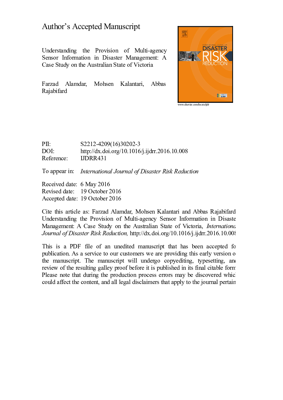 Understanding the provision of multi-agency sensor information in disaster management: A case study on the Australian state of Victoria