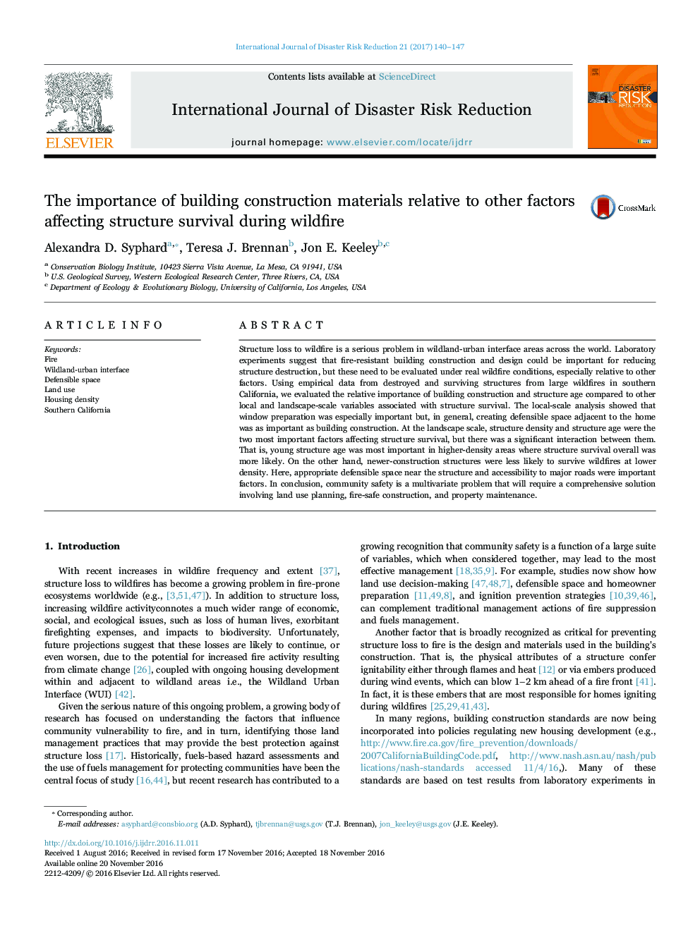 The importance of building construction materials relative to other factors affecting structure survival during wildfire