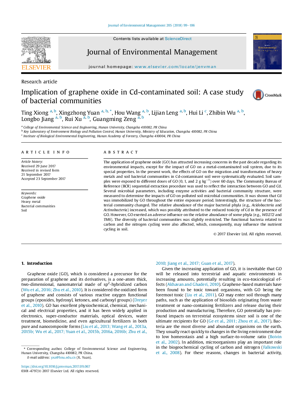 Implication of graphene oxide in Cd-contaminated soil: A case study of bacterial communities