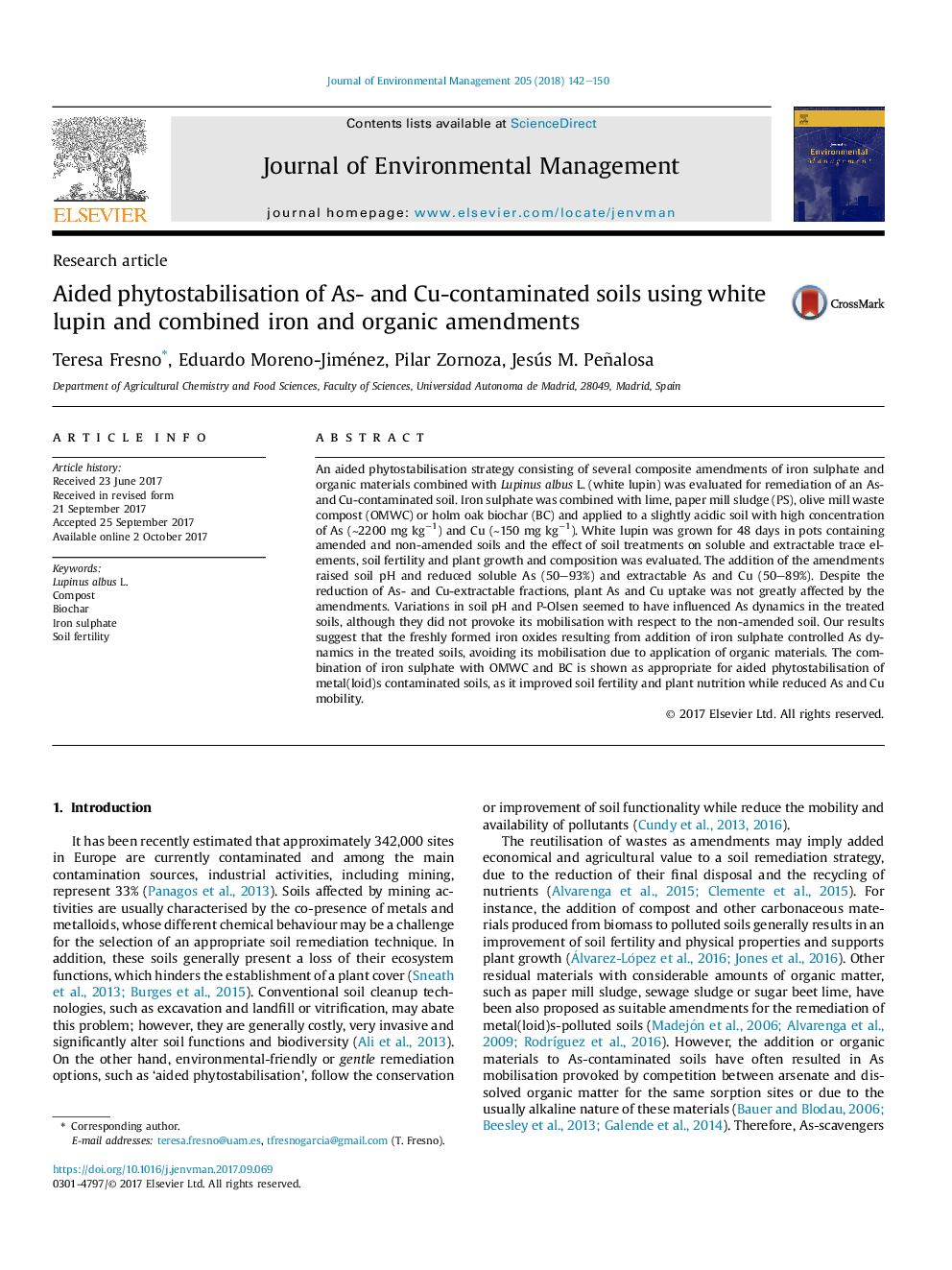 Aided phytostabilisation of As- and Cu-contaminated soils using white lupin and combined iron and organic amendments