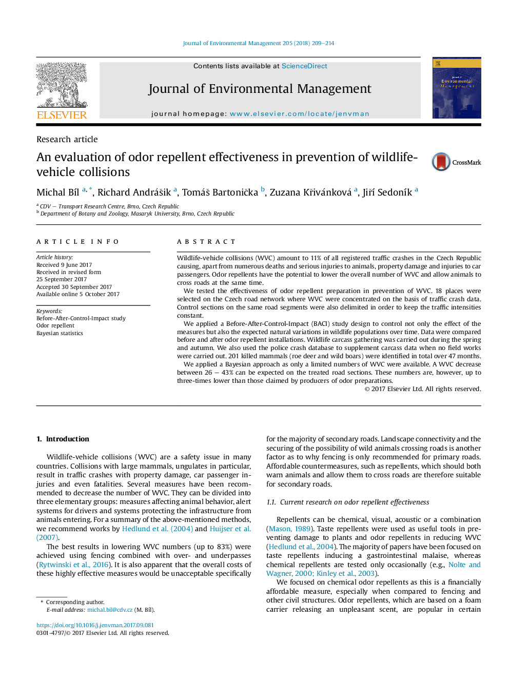 An evaluation of odor repellent effectiveness in prevention of wildlife-vehicle collisions