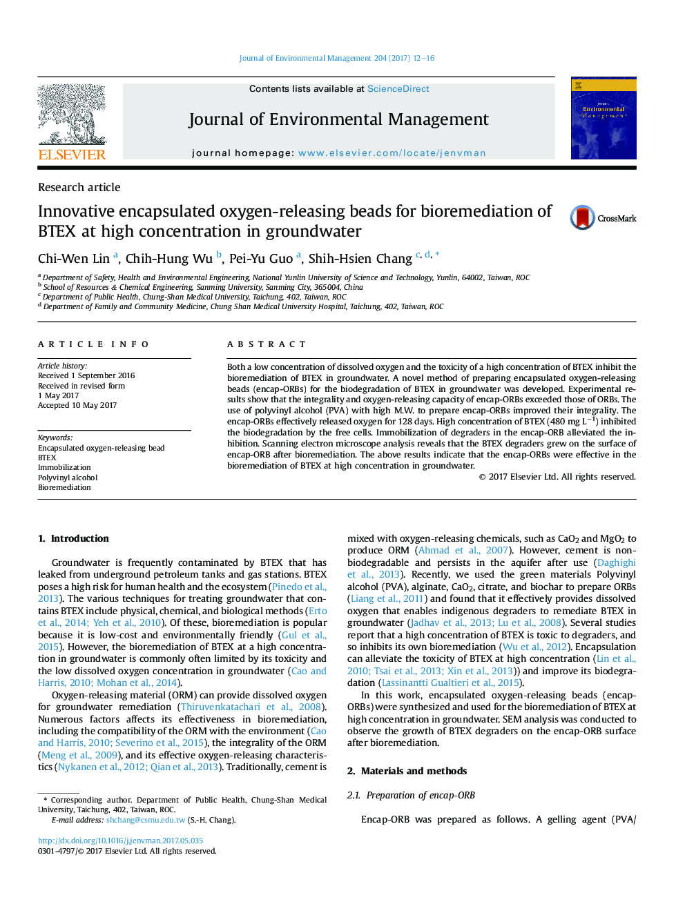 Innovative encapsulated oxygen-releasing beads for bioremediation of BTEX at high concentration in groundwater