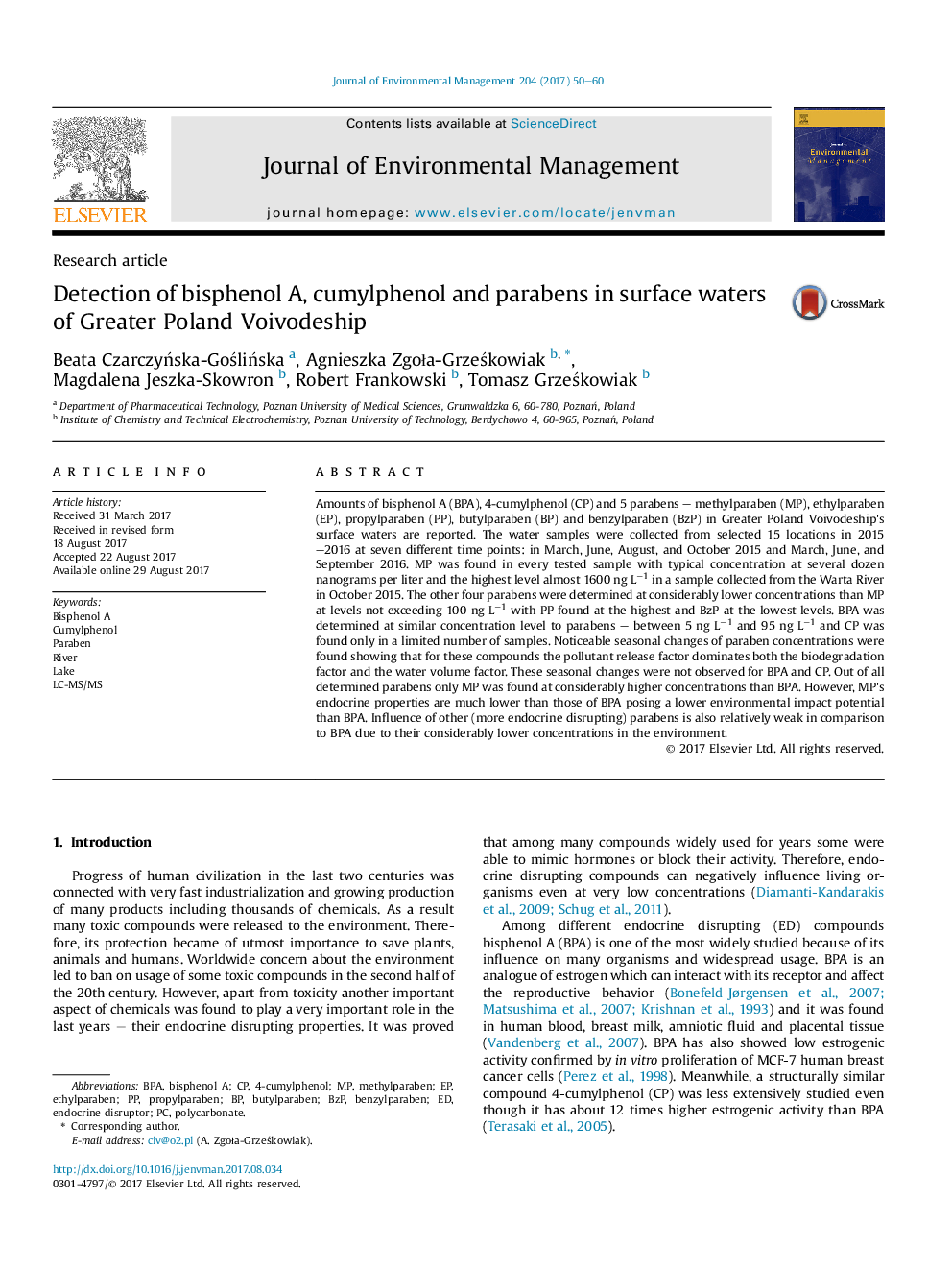 Detection of bisphenol A, cumylphenol and parabens in surface waters of Greater Poland Voivodeship