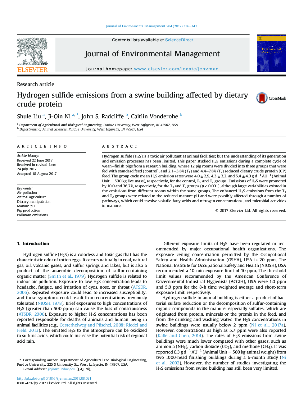 Hydrogen sulfide emissions from a swine building affected by dietary crude protein