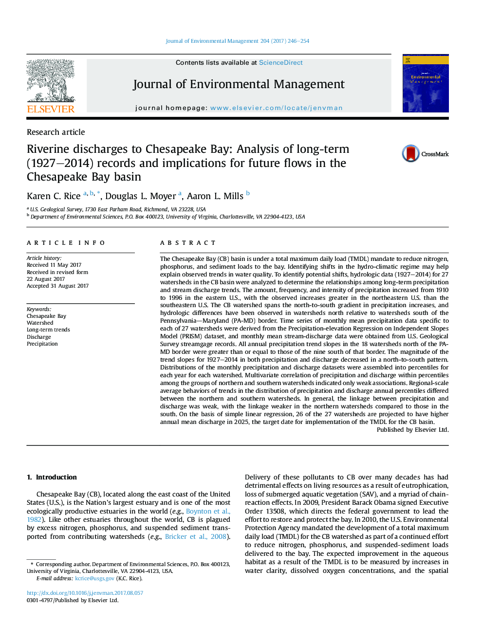 تخلیه رودخانه به خلیج چیسپیک: تجزیه و تحلیل پرونده های طولانی مدت (1927-2014) و پیامدهای جریان های آینده در حوزه دریای چزاپیک 