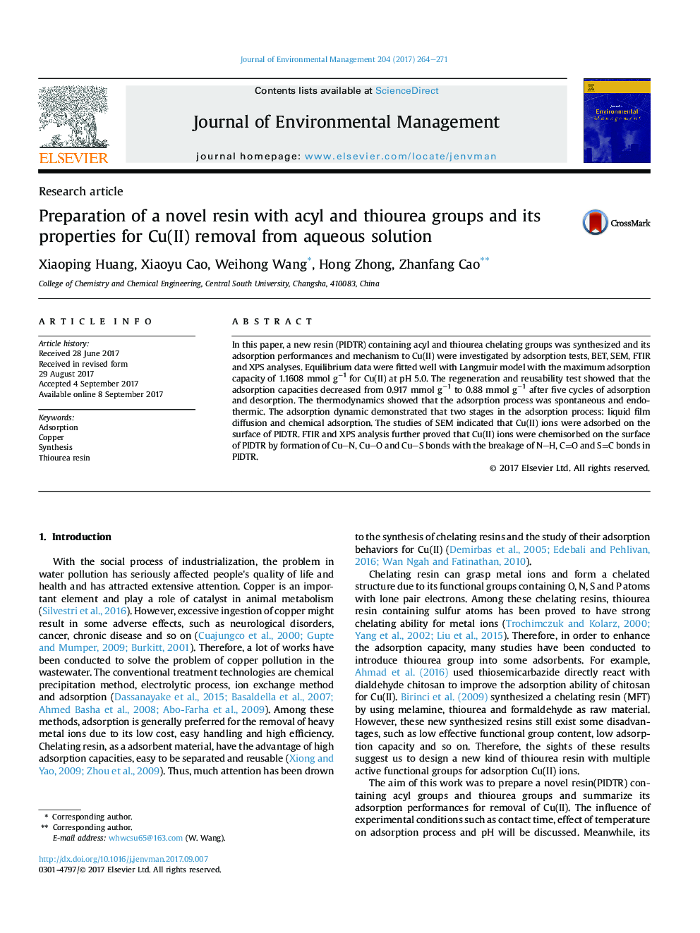 Preparation of a novel resin with acyl and thiourea groups and its properties for Cu(II) removal from aqueous solution