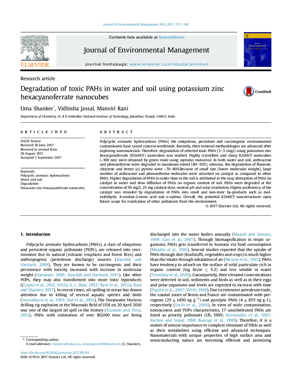 Degradation of toxic PAHs in water and soil using potassium zinc hexacyanoferrate nanocubes