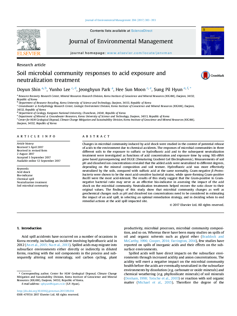 Soil microbial community responses to acid exposure and neutralization treatment