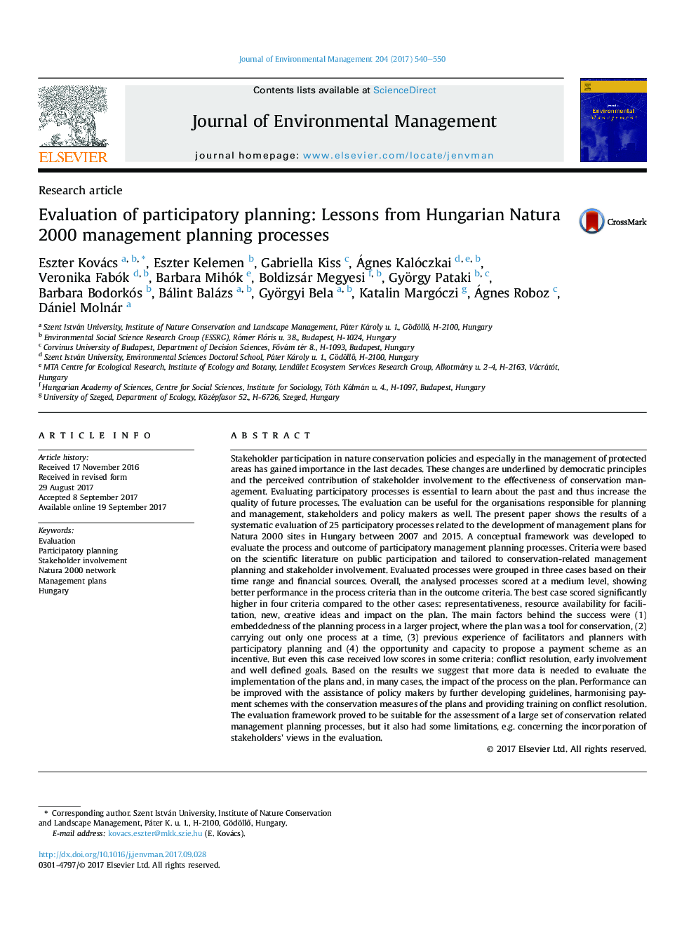 Evaluation of participatory planning: Lessons from Hungarian Natura 2000 management planning processes