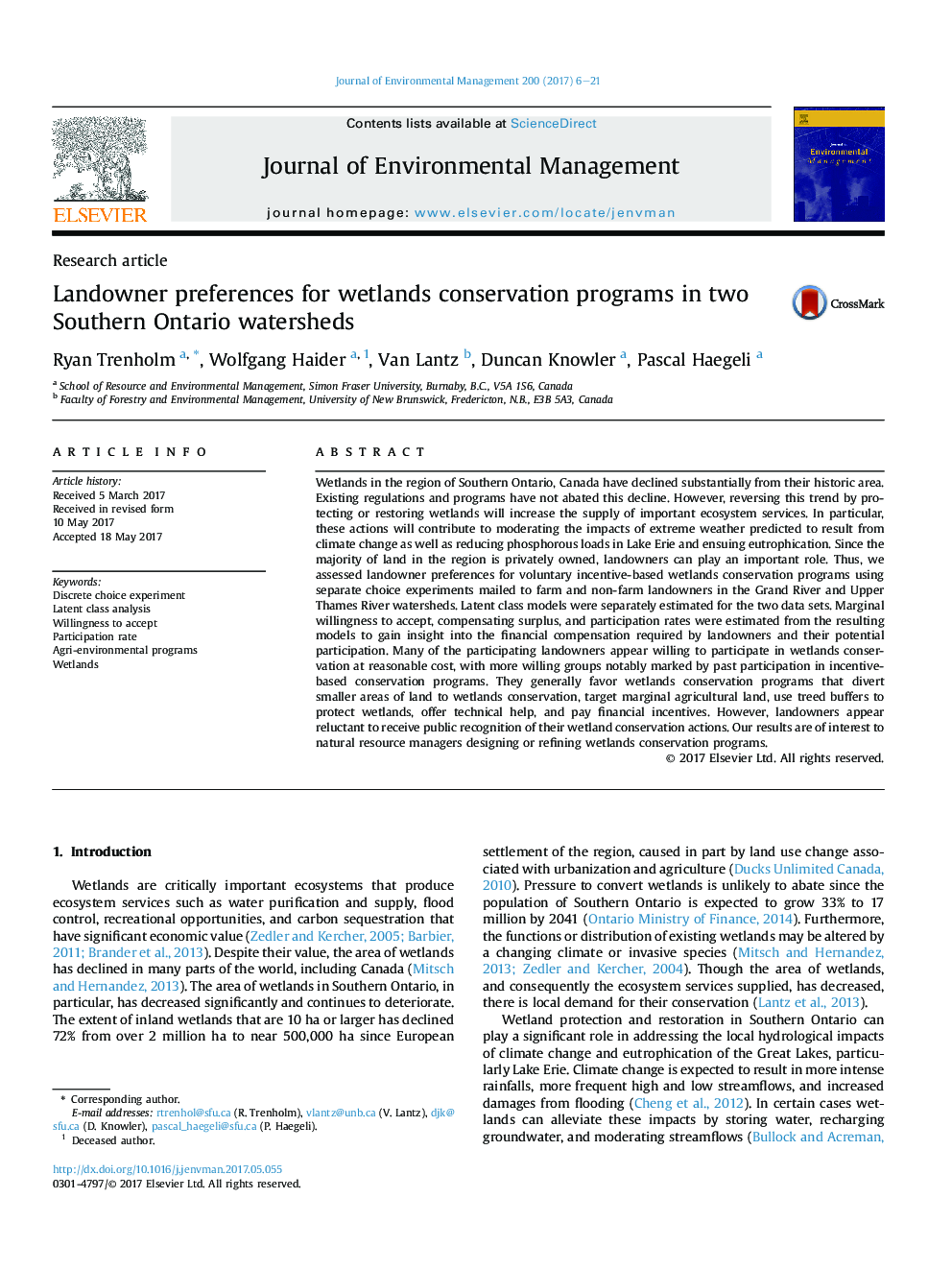 Landowner preferences for wetlands conservation programs in two Southern Ontario watersheds