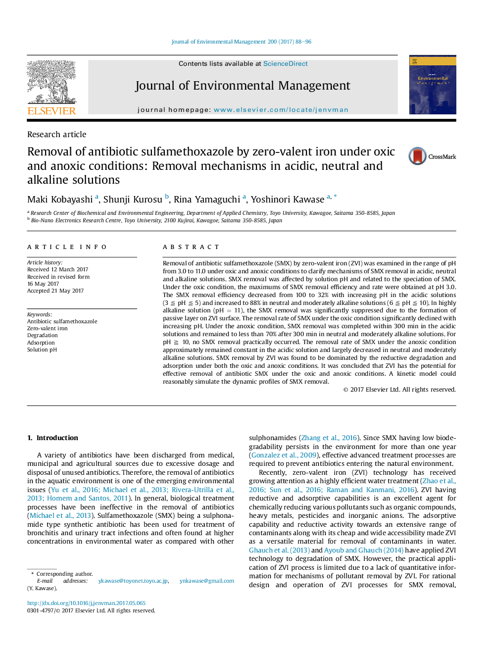 Removal of antibiotic sulfamethoxazole by zero-valent iron under oxic and anoxic conditions: Removal mechanisms in acidic, neutral and alkaline solutions