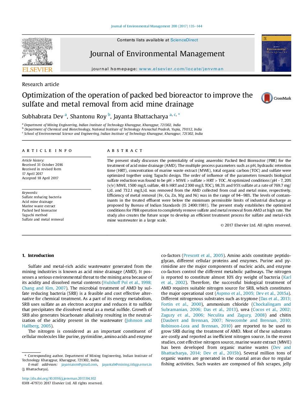 Optimization of the operation of packed bed bioreactor to improve the sulfate and metal removal from acid mine drainage