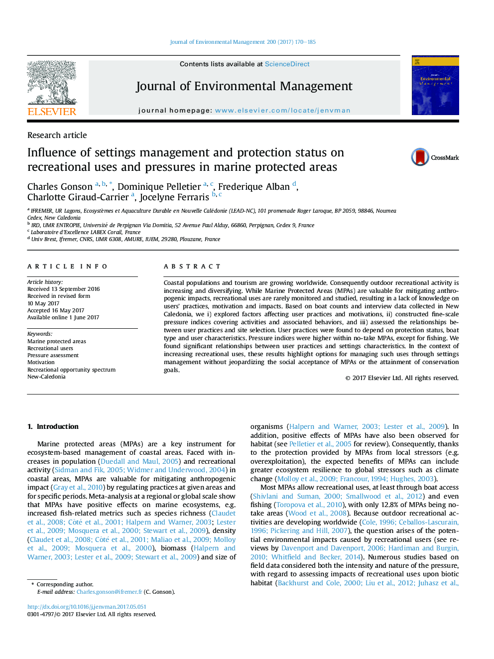 Influence of settings management and protection status on recreational uses and pressures in marine protected areas