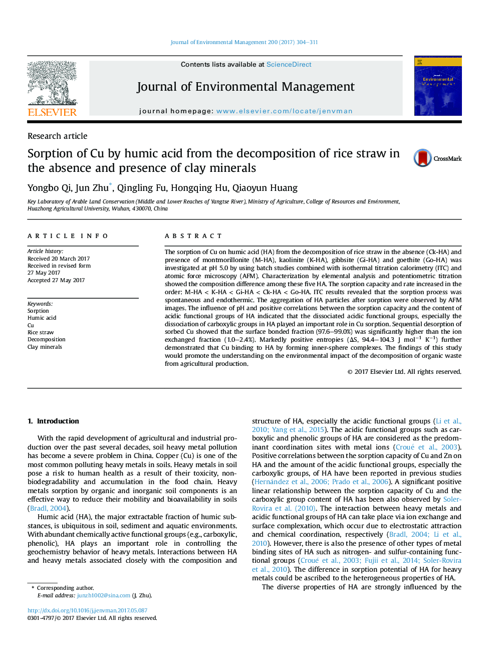 Sorption of Cu by humic acid from the decomposition of rice straw in the absence and presence of clay minerals