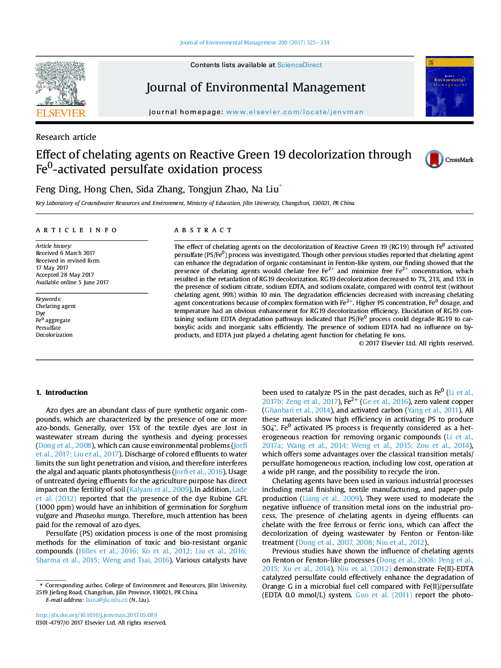 Effect of chelating agents on Reactive Green 19 decolorization through Fe0-activated persulfate oxidation process