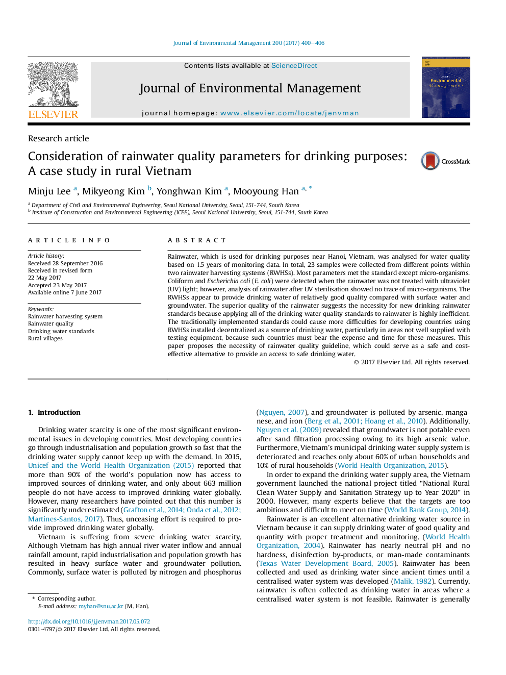 Consideration of rainwater quality parameters for drinking purposes: A case study in rural Vietnam