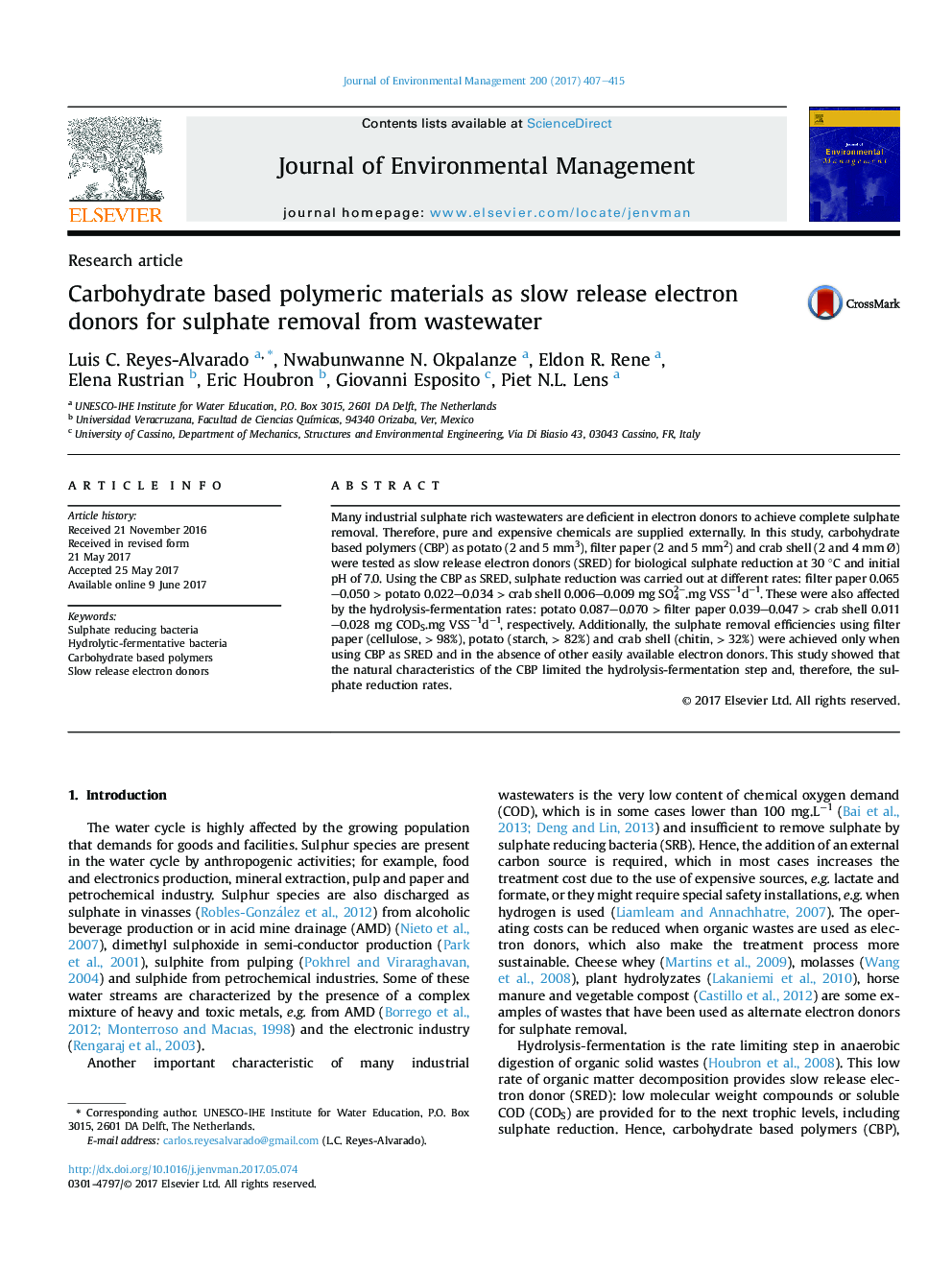 Carbohydrate based polymeric materials as slow release electron donors for sulphate removal from wastewater