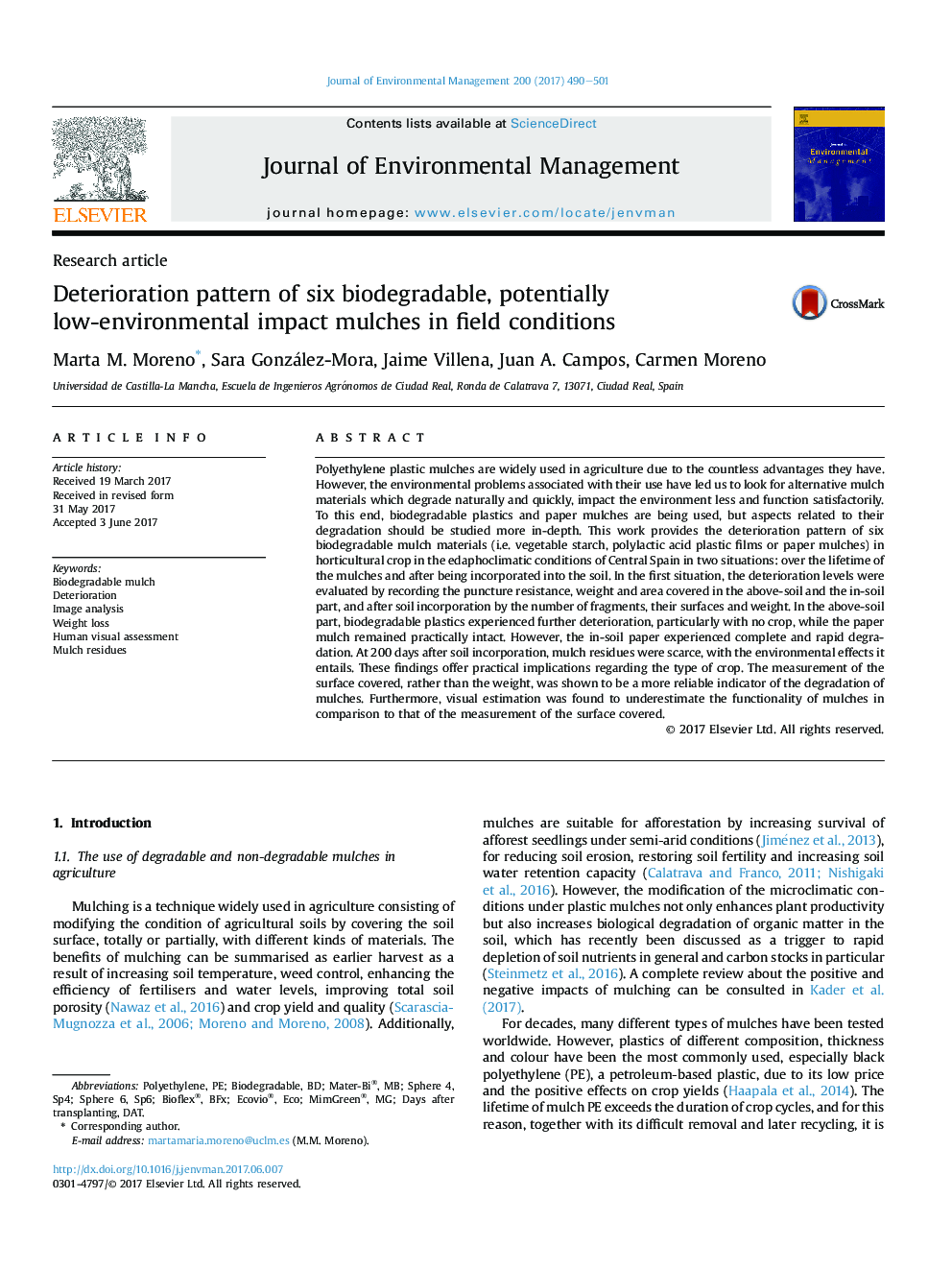 Deterioration pattern of six biodegradable, potentially low-environmental impact mulches in field conditions