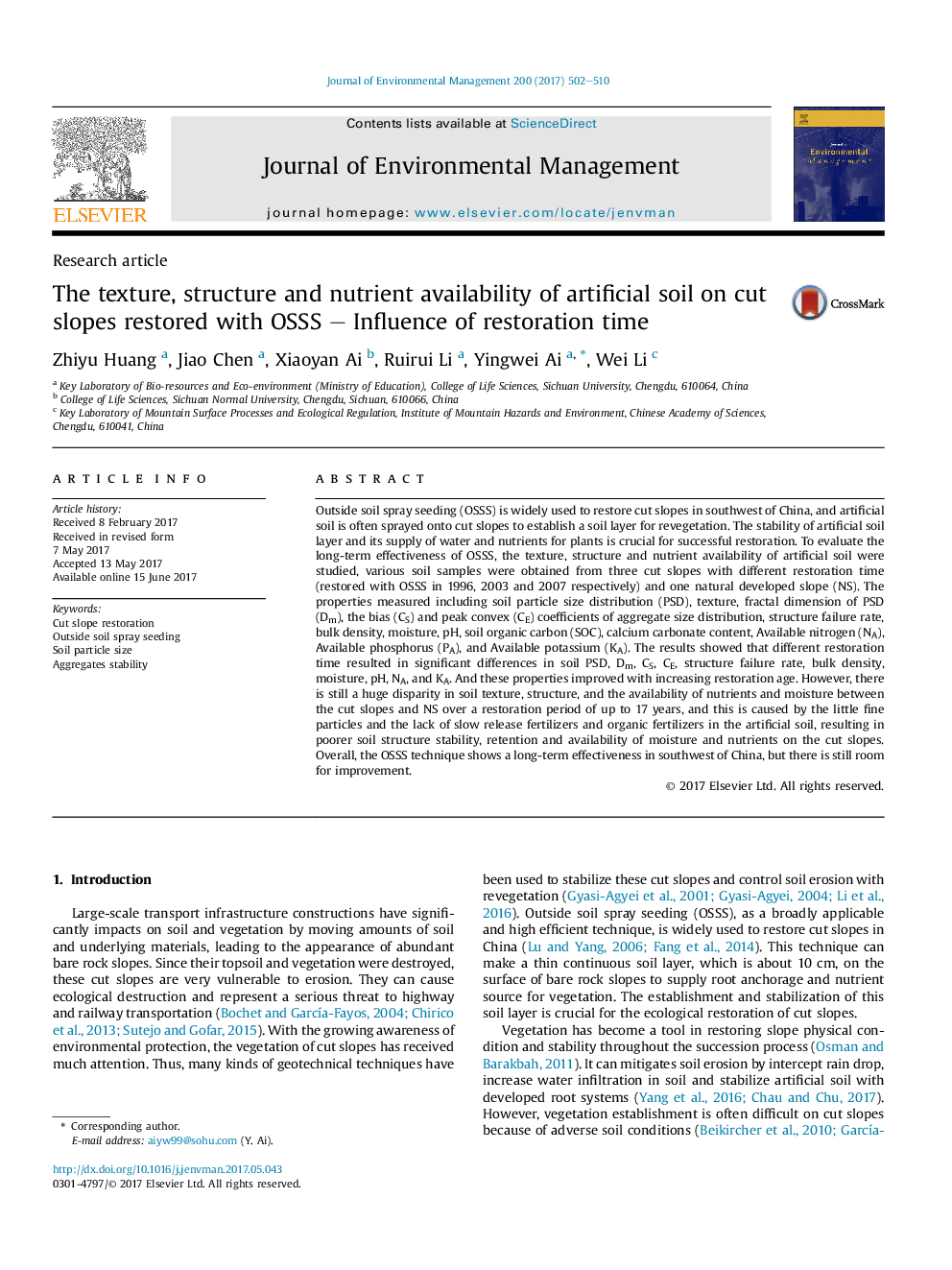 The texture, structure and nutrient availability of artificial soil on cut slopes restored with OSSS - Influence of restoration time