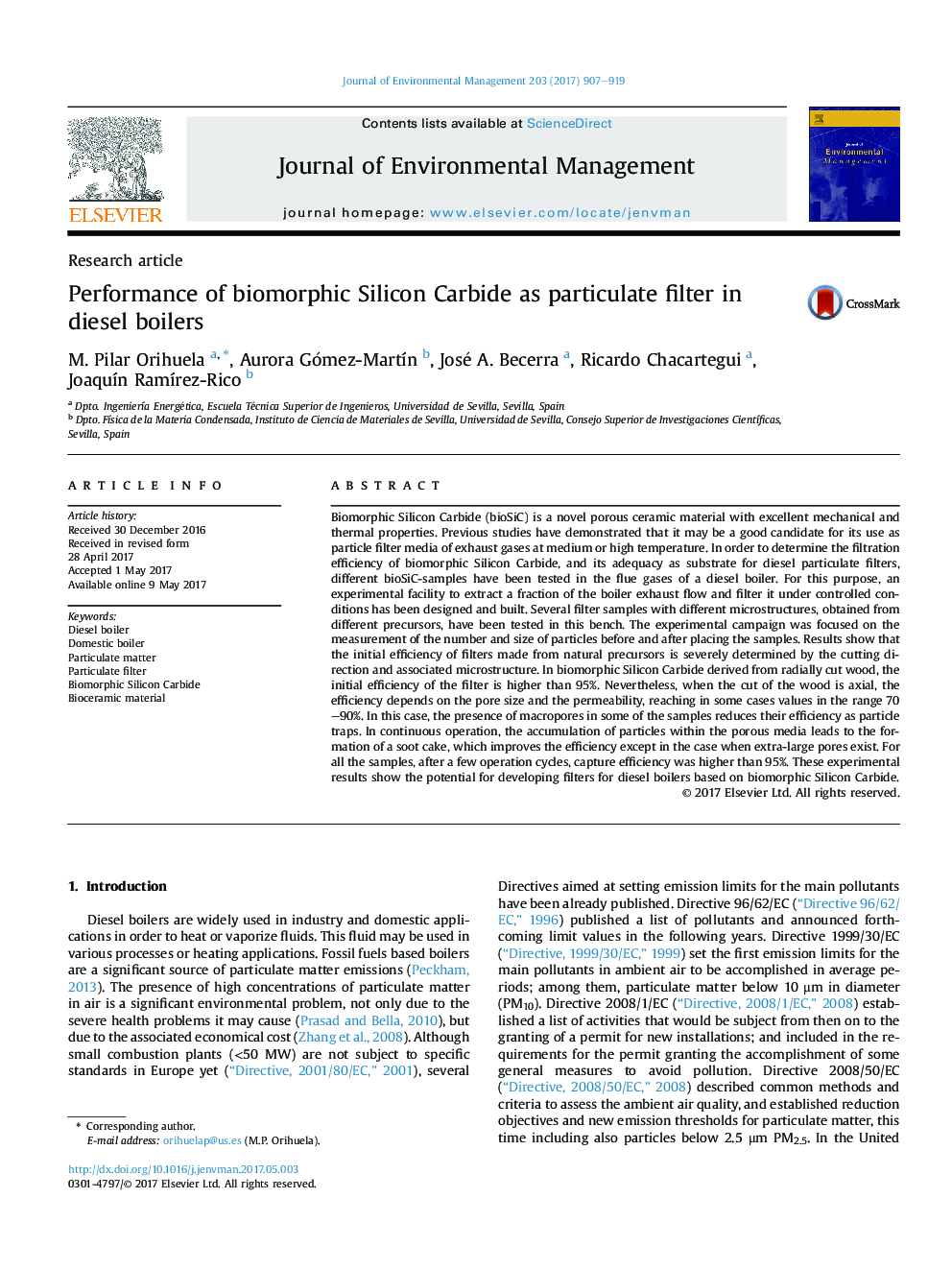 Performance of biomorphic Silicon Carbide as particulate filter in diesel boilers