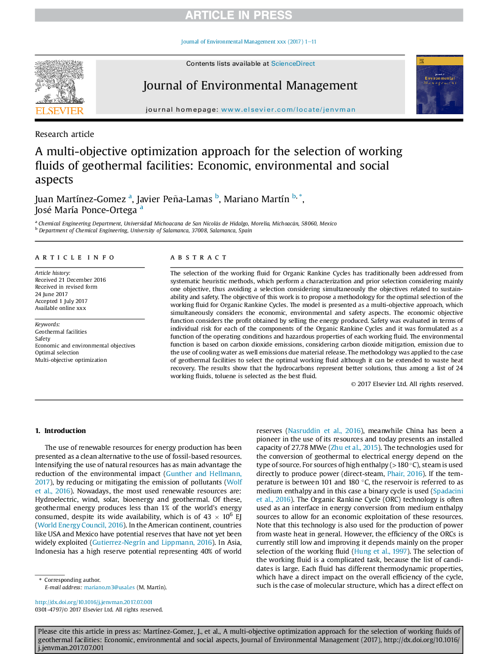 A multi-objective optimization approach for the selection of working fluids of geothermal facilities: Economic, environmental and social aspects