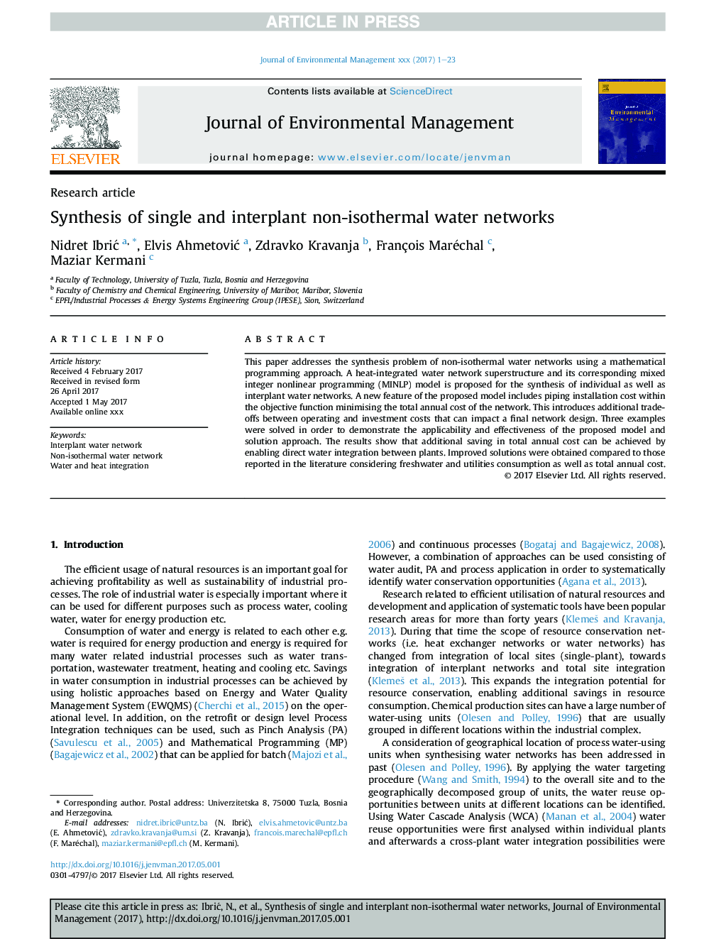 Synthesis of single and interplant non-isothermal water networks