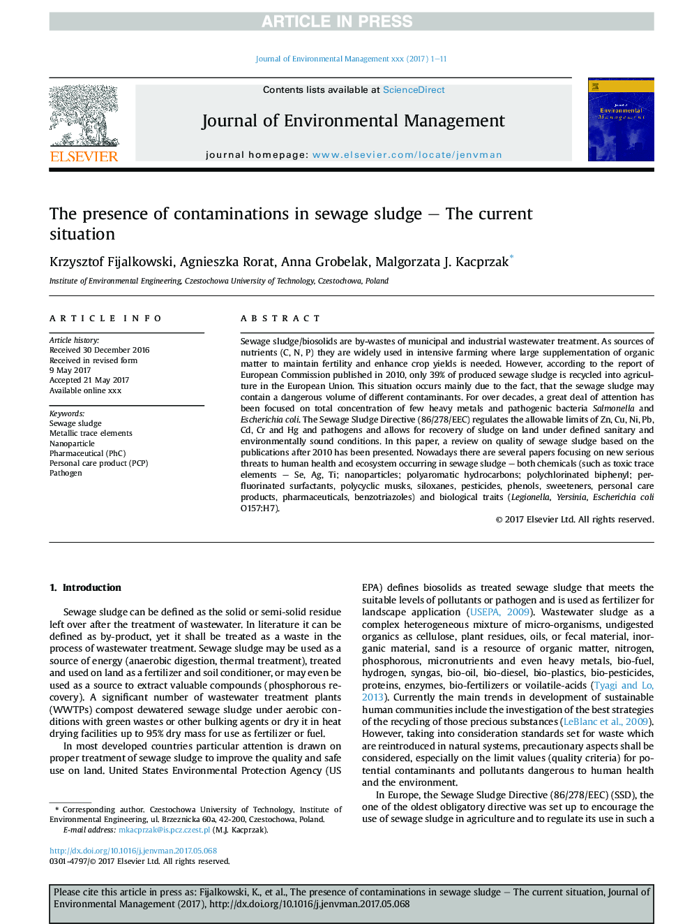 The presence of contaminations in sewage sludge - The current situation