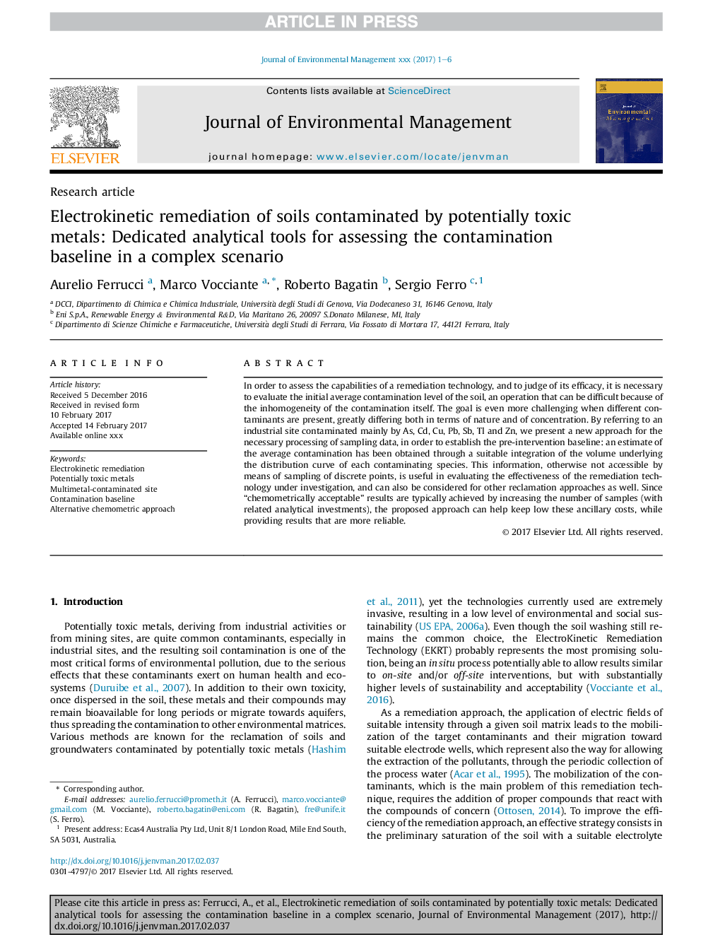 Electrokinetic remediation of soils contaminated by potentially toxic metals: Dedicated analytical tools for assessing the contamination baseline in a complex scenario