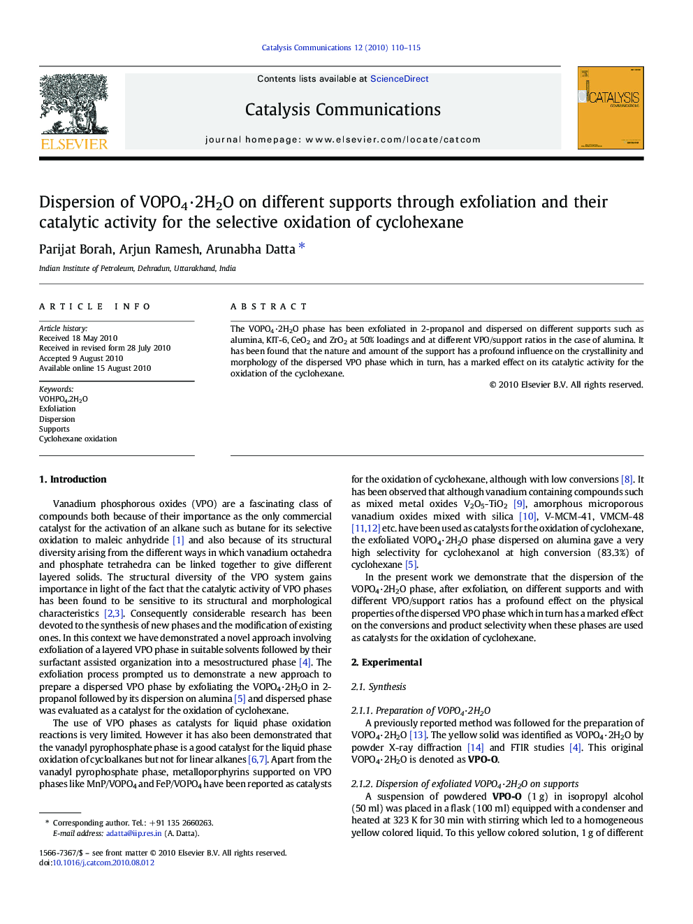 Dispersion of VOPO4·2H2O on different supports through exfoliation and their catalytic activity for the selective oxidation of cyclohexane