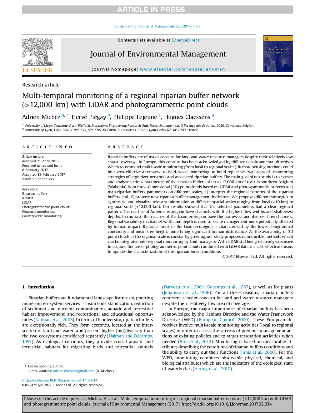 Multi-temporal monitoring of a regional riparian buffer network (>12,000Â km) with LiDAR and photogrammetric point clouds