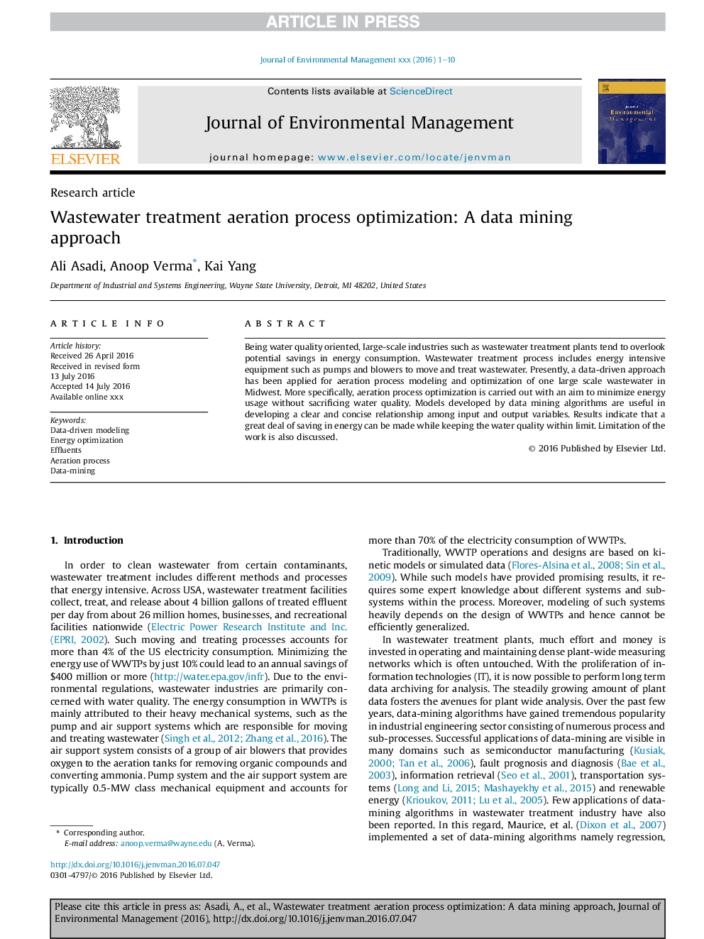 Wastewater treatment aeration process optimization: A data mining approach