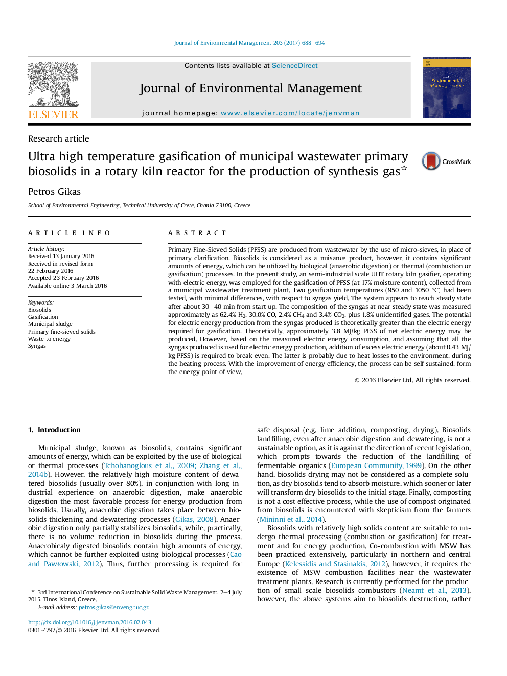 Ultra high temperature gasification of municipal wastewater primary biosolids in a rotary kiln reactor for the production of synthesis gas