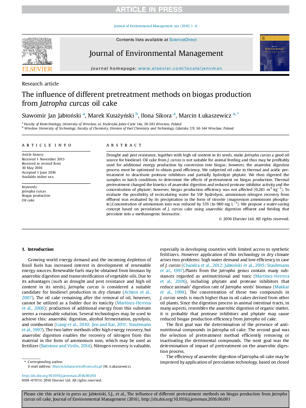 The influence of different pretreatment methods on biogas production from Jatropha curcas oil cake