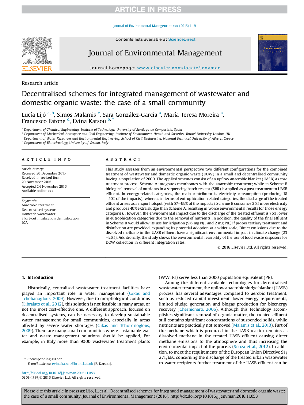 Decentralised schemes for integrated management of wastewater and domestic organic waste: the case of a small community