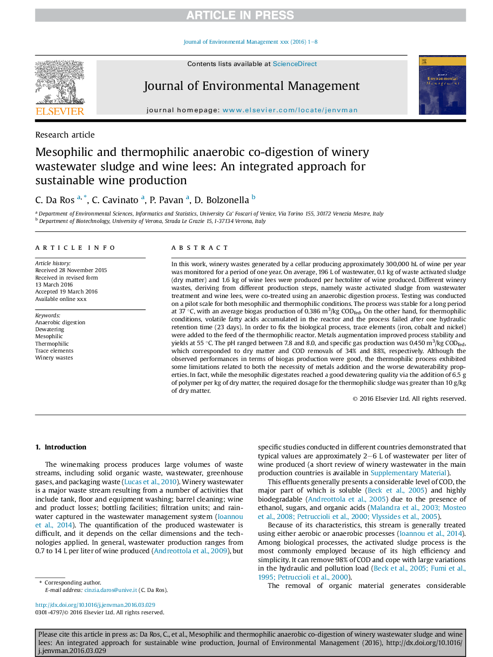 Mesophilic and thermophilic anaerobic co-digestion of winery wastewater sludge and wine lees: An integrated approach for sustainable wine production