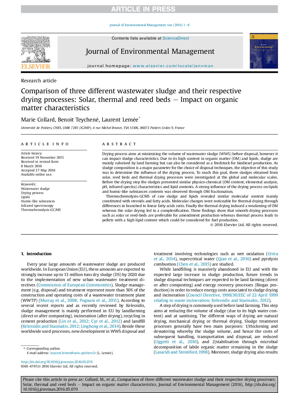 Comparison of three different wastewater sludge and their respective drying processes: Solar, thermal and reed beds - Impact on organic matter characteristics