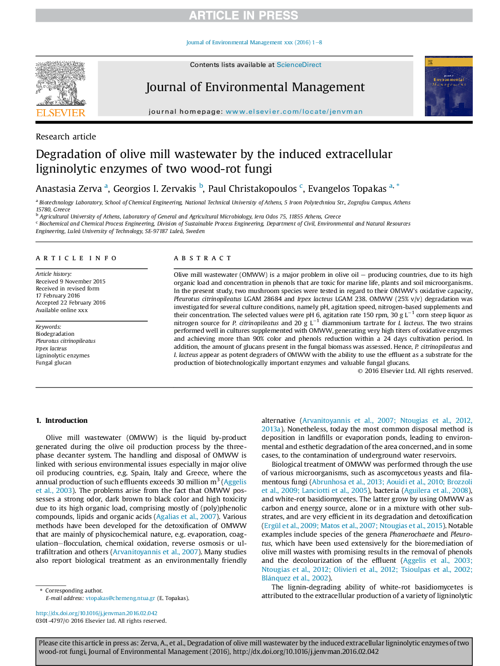 Degradation of olive mill wastewater by the induced extracellular ligninolytic enzymes of two wood-rot fungi