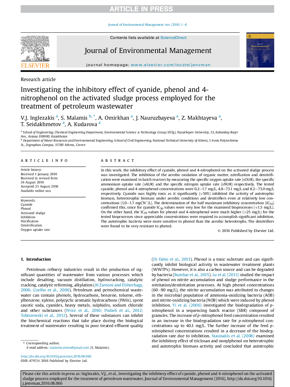 Investigating the inhibitory effect of cyanide, phenol and 4-nitrophenol on the activated sludge process employed for the treatment of petroleum wastewater