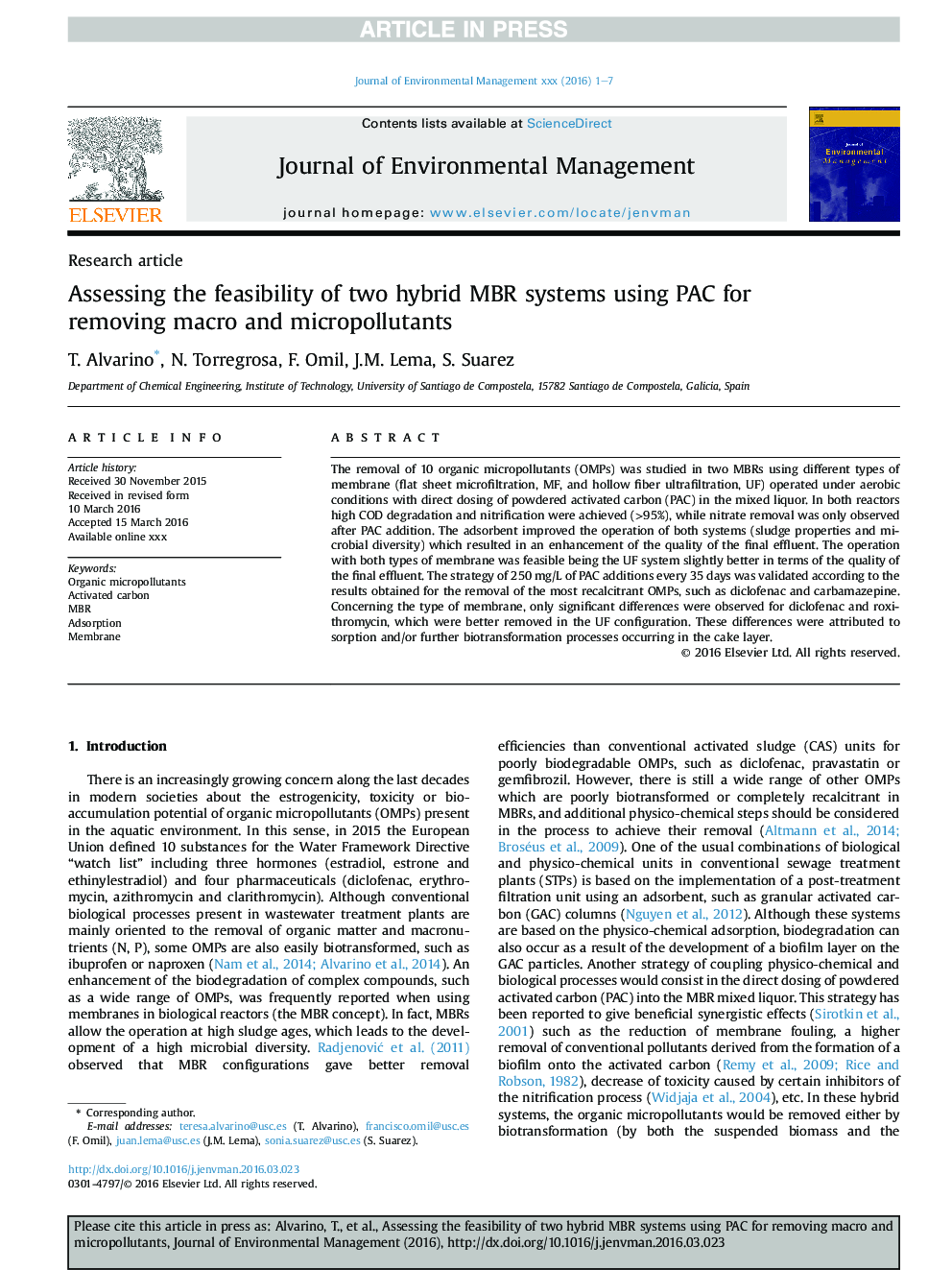 Assessing the feasibility of two hybrid MBR systems using PAC for removing macro and micropollutants