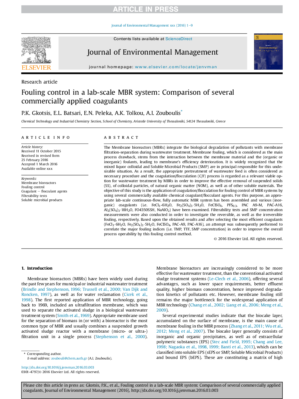 Fouling control in a lab-scale MBR system: Comparison of several commercially applied coagulants