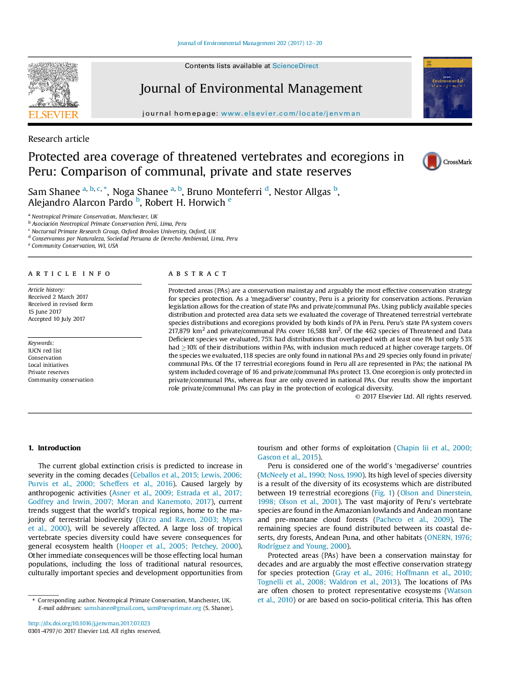 Protected area coverage of threatened vertebrates and ecoregions in Peru: Comparison of communal, private and state reserves