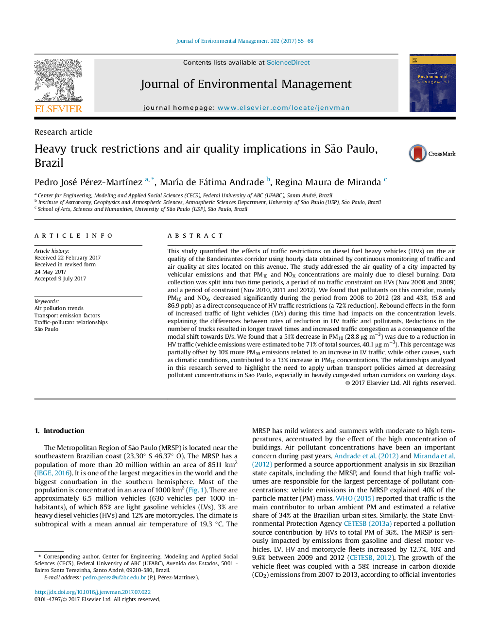 Heavy truck restrictions and air quality implications in SÃ£o Paulo, Brazil