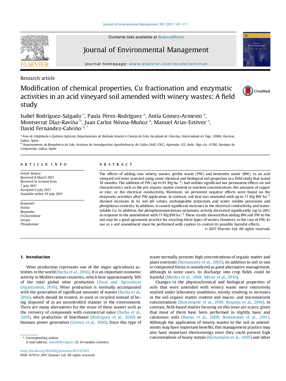 Modification of chemical properties, Cu fractionation and enzymatic activities in an acid vineyard soil amended with winery wastes: A field study