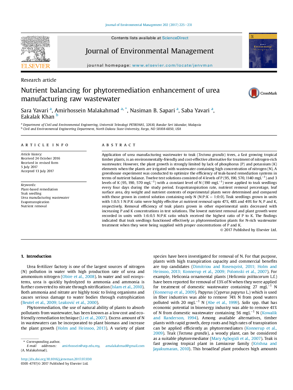 Nutrient balancing for phytoremediation enhancement of urea manufacturing raw wastewater