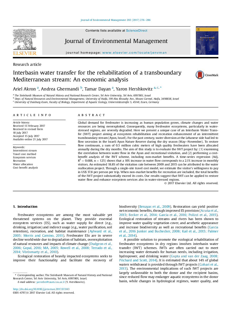 Interbasin water transfer for the rehabilitation of a transboundary Mediterranean stream: An economic analysis