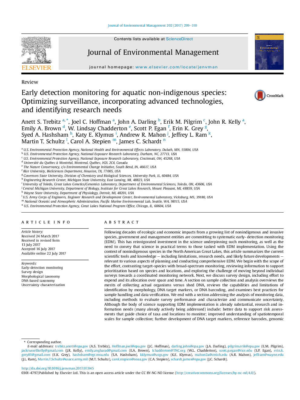 Early detection monitoring for aquatic non-indigenous species: Optimizing surveillance, incorporating advanced technologies, andÂ identifying research needs