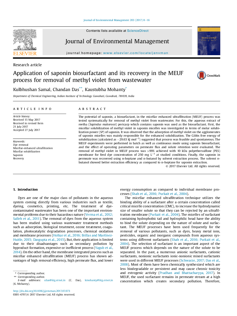 Application of saponin biosurfactant and its recovery in the MEUF process for removal of methyl violet from wastewater